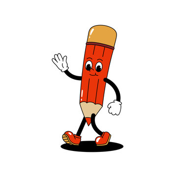 Naklejka Vector cartoon retro mascot color illustration of walking pencil. Vintage style 30s, 40s, 50s old animation. The clipart is isolated on a white background.