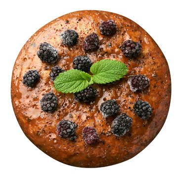 Baked round biscuit cake with nuts and berries topped