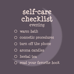 Cute evening self-care to do list, checklist. Flyer, card, poster concept. Vector illustration