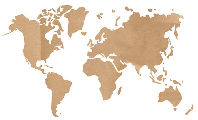 World map from brown craft paper on a white isolated background, the continents of the planet