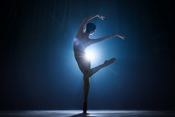 Silhouette of tender, elegant, talented woman, ballet dancer performing on stage against dark blue background with spotlight