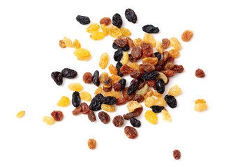 Black and yellow raisins isolated on white background.