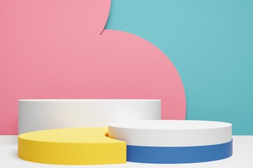 Set of white realistic 3d cylinder pedestal podium with pastel yellow, blue and pink in semi circle backdrop. Abstract vector rendering geometric platform. Product display presentation. Minimal scene.