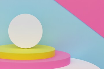 Set of white realistic 3d cylinder pedestal podium with pastel yellow, blue and pink in semi circle backdrop. Abstract vector rendering geometric platform. Product display presentation. Minimal scene.