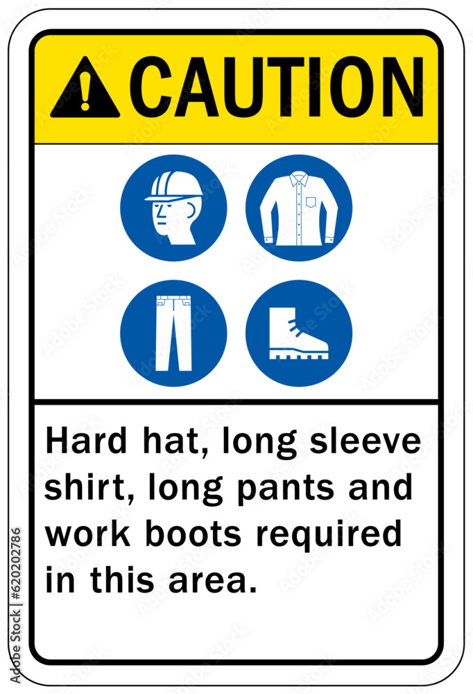 Wall mural long pants and sleeve safety sign and labels hard hat long sleeve shirt, long pants and work boots r