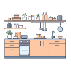 Flat illustration of modern kitchen interior with furniture, appliances and utensils