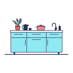 Flat illustration of modern kitchen interior with furniture, appliances and utensils