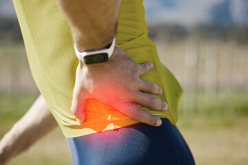 Biker, hand or man with hip pain, injury or inflammation outdoors with torn muscle, strain or...