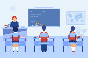 Back view of schoolchildren studying in classroom with teacher. Class or lesson in room with chalkboard, desks and textbooks vector illustration. Education, knowledge, childhood concept