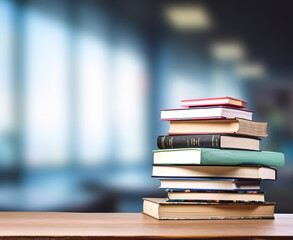 books on wooden table in blurred classroom background
