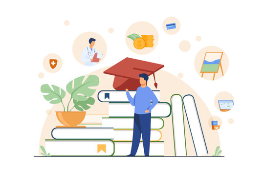 Tiny man with huge textbooks about job vector illustration. Cartoon drawing of university graduate learning about medicine, finances. Education, career, healthcare, finances, graduation concept