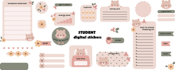 Kawaii digital stickers for students with cute bear. Digital note papers and stickers for bullet journaling or planning. Student digital stickers. Vector art.