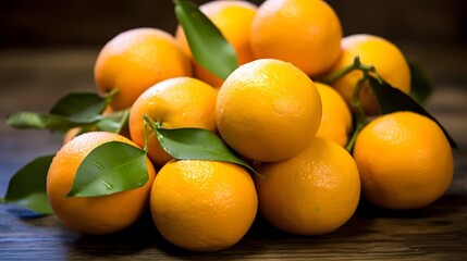 Ripe oranges with leaves on a wooden background. Selective focus.