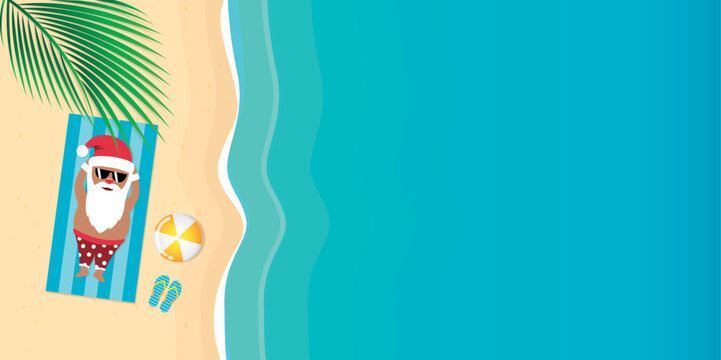 cute santa claus lying on the beach under a palm tree vector illustration EPS10