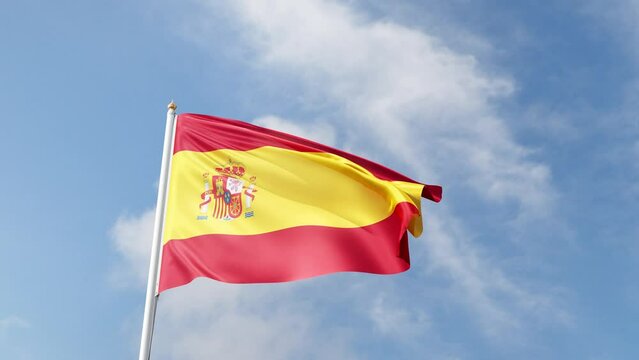 spanish flag flag, waving in the wind, spain flag on a blue sky, tall flagpole, national symbol of spain