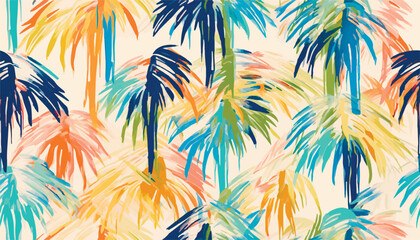 Fototapeta na wymiar Hand drawn artistic colorful abstract palm trees print. Creative collage vintage style seamless pattern. Fashionable template for design.
