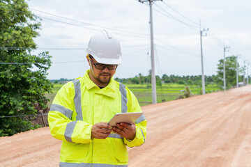 Asian male civil engineer wearing uniform and helmet under inspection and checking road construction process with tablet. Engineer. Construction concept.
