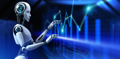 Robotic data analysis automation trading robot. Business finance technology concept. 3d render. - obrazy, fototapety, plakaty