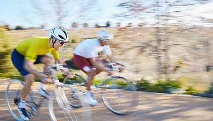 Bicycle race, people and road with motion blur, speed or sport for fitness, countryside and summer....