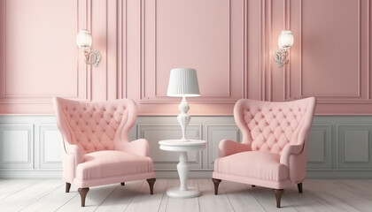 Pastel interior in classic style with soft armchairs and lamps. 3d rendering , Generative ai