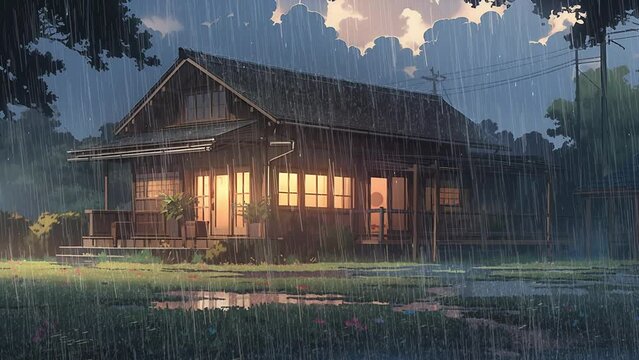 A house in the rain with a lantern behind it, in the style of anime, loop animation