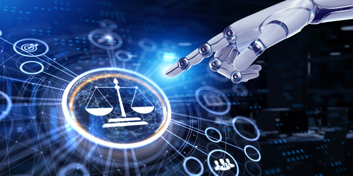 Law concept lawyer cyber digital compliance business technology concept. 3d render robot pressing button.