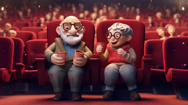 Concept: Life And Rest Of Pensioners. Happy Elderly Couple Are Sitting In The Cinema In The Auditorium And Watching A Movie With Popcorn, Active Old People. Created By AI