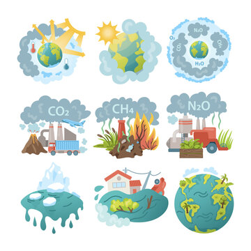 Climate change and greenhouse gases vector illustrations set. Cartoon drawings of impact of carbon dioxide, methane, nitrous oxide on nature, floods, icebergs melting. Ecology, global warming concept