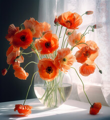 poppy background flower bouquet red sunshine floral beautiful vase decoration natural. Generative AI.