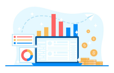 Save money and investment management finance technology. Calculating and analyzing personal or corporate budget, managing financial income. Vector illustration