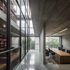 Interior design in modern open space office with concrete floor and walls.
