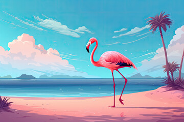 pink flamingo on the beach summer vacation illustration Generative AI