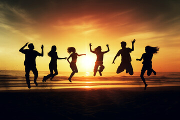 Lifestyles and leisure concept. Young adults people and friends dark silhouettes jumping into air at beach during sunset. Generative AI