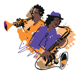 Two jazzmen, Jazz theme, trumpet player and saxophonist. 
Expressive colorful Illustration of two jazz musicians. Isolated on white background. Vector available. - obrazy, fototapety, plakaty