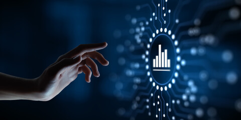 Analysis Data Business Analytics. Hand pressing button on virtual screen.