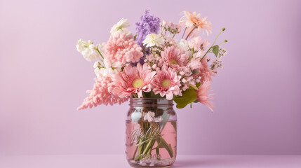 Floral Bouquet of Botanical Flowers Inside a Mason Jar - Beautiful Blooms, Petals, and Leaves - Against Purple Pastel Background with Copy Space - Generative AI