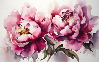 Peony flowers on white background, watercolor illustration, Generative AI