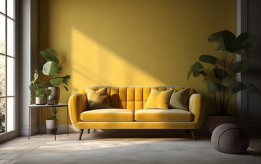 Minimalist living room interior with a soft yellow sofa, Generative AI.