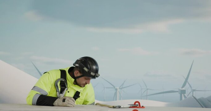 Engineer performing repairing and maintenance works on top of offshore turbine nacelle house. Portrait of skilled professional worker working at high altitude, ocean offshore wind farm