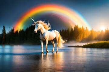 Fototapeta na wymiar horse in the sunset with rainbow generative by Al technology