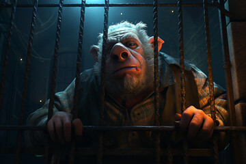 Evil pig-looking criminal behind bars in a prison cell, generative ai