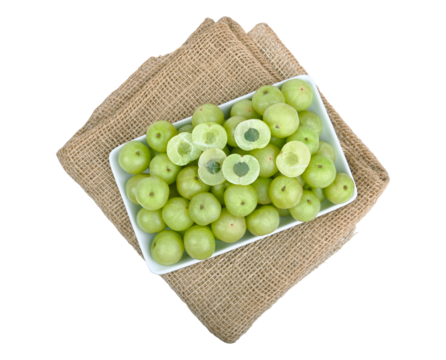 indian gooseberry in   white plate on sackcloth  transparent.