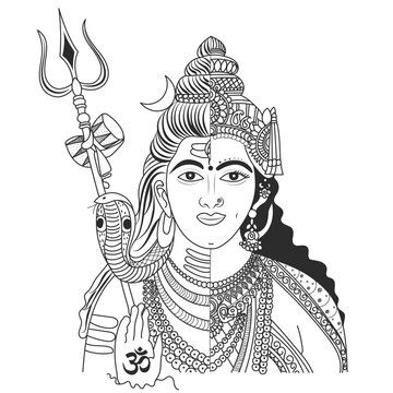 Half face Shiva and Parvati with ornaments in abstract style outline. Lord Shiva with snake, trishula and damru. Hand drawn Vector illustration.