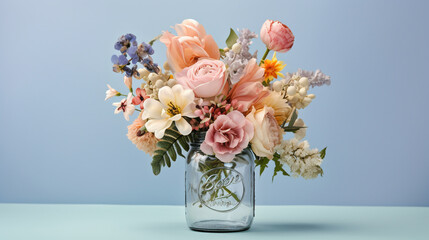Floral Bouquet of Botanical Flowers Inside a Mason Jar - Beautiful Blooms, Petals, and Leaves - Against Blue Pastel Background with Copy Space - Generative AI