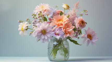 Floral Bouquet of Botanical Flowers Inside a Mason Jar - Beautiful Blooms, Petals, and Leaves - Against Blue Pastel Background with Copy Space - Generative AI