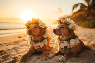 Two dogs wearing flower wreaths on a tropical beach at sunset, generative ai