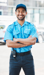 Portrait, security guard or safety officer man on the street for protection, patrol or watch. Law...