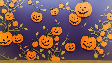 Obraz na płótnie Canvas A Group Of Carved Pumpkins Sitting On Top Of A Purple Wall