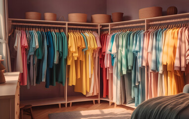 A variety of colorful clothes on hangers, Generative AI