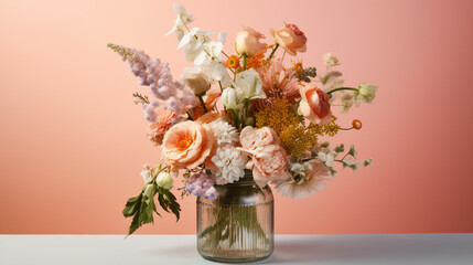 Obraz na płótnie Canvas Floral Bouquet of Botanical Flowers Inside a Mason Jar - Beautiful Blooms, Petals, and Leaves - Against Coral Peach Pastel Background with Copy Space - Generative AI